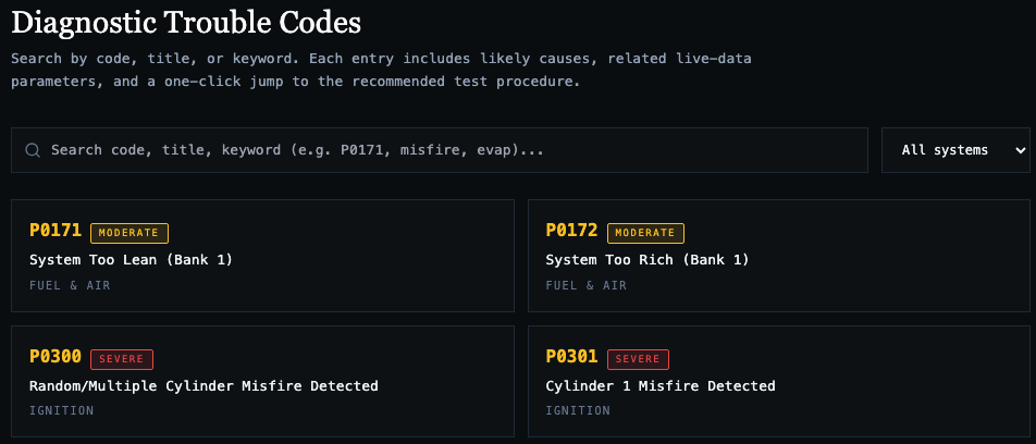 Diagnostic Trouble Codes search with severity badges